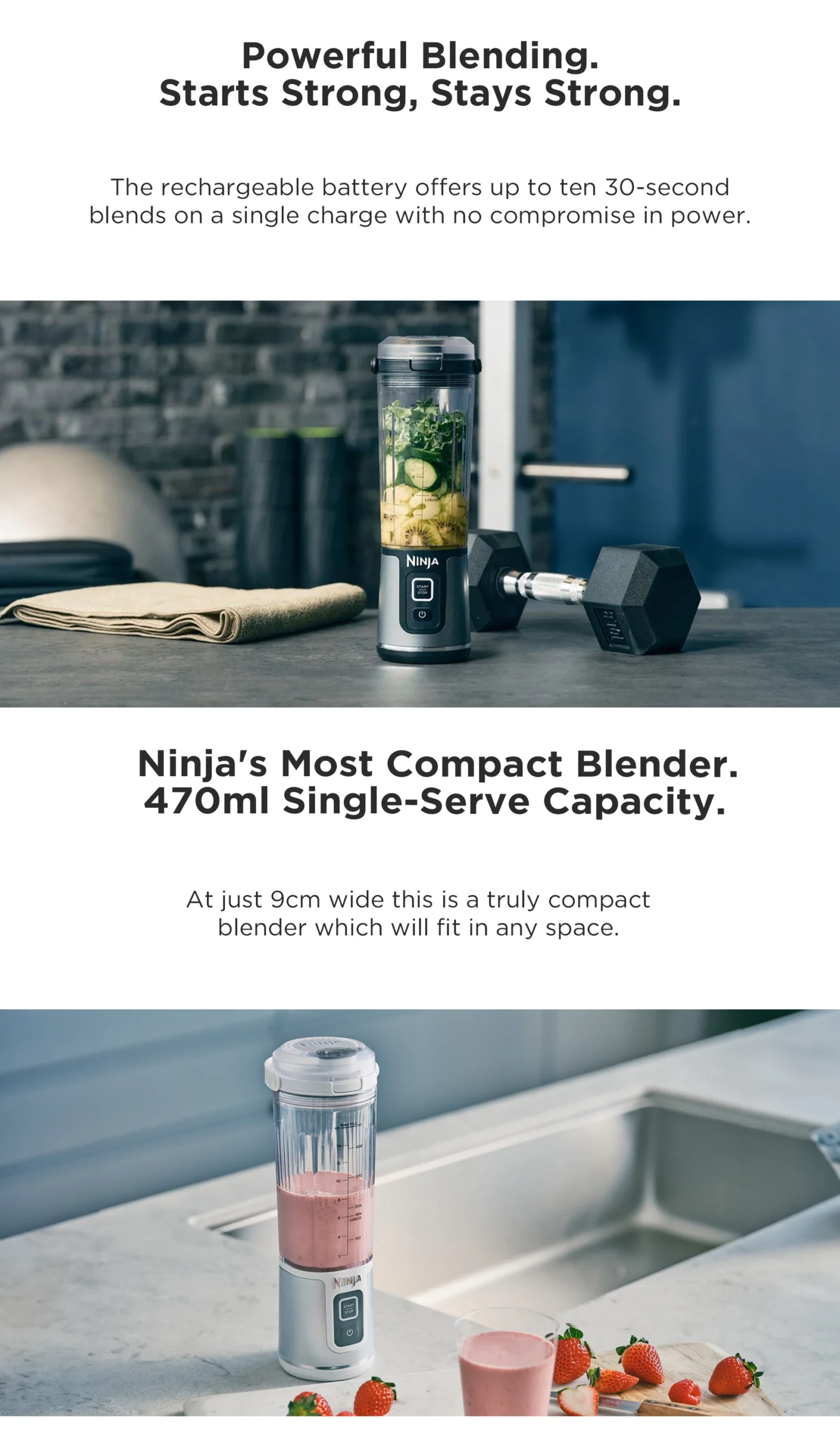 Ninja Blast Portable blender, 530 - milliliter capacity, USB - C charging cable, capable of crushing ice, lightweight and portable, BPA - free，Ninja BC151SM