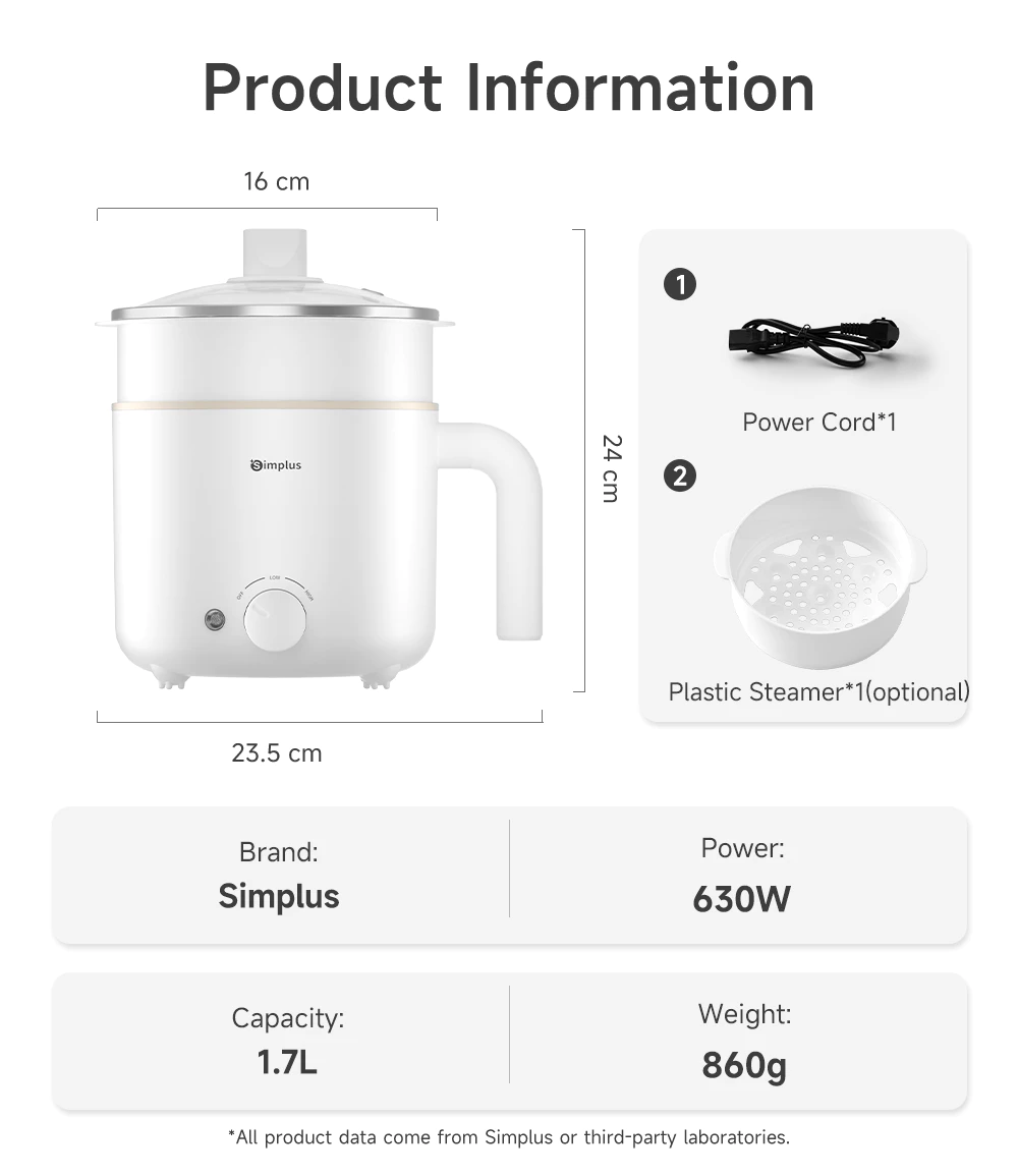 Simplus 1.7 - liter rice cooker with 630 - watt rapid heating, non - stick coating and two - temperature settings DZGH011