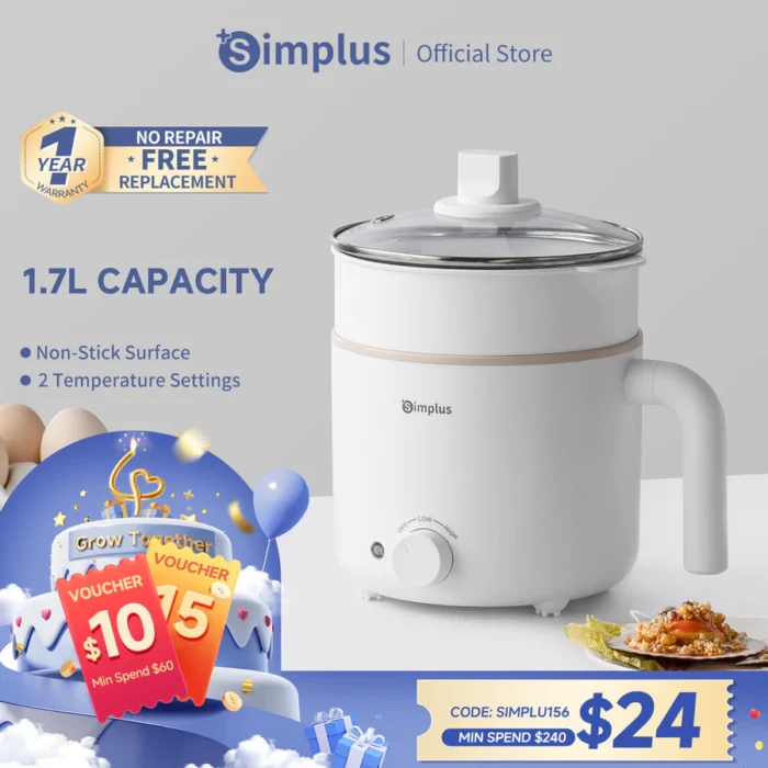 Simplus 1.7 - liter rice cooker with 630 - watt rapid heating, non - stick coating and two - temperature settings DZGH011