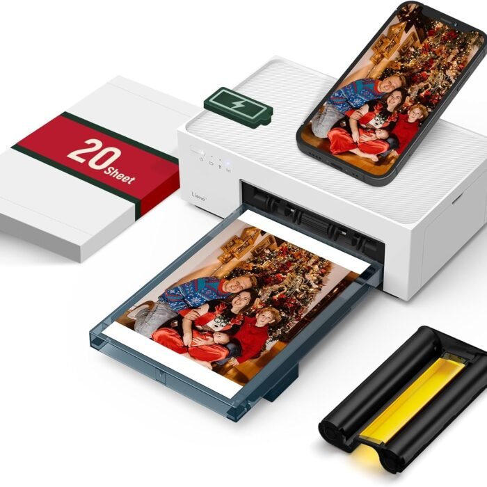 Liene White M200 4x6'' Photo Printer Battery Edition. Wireless Photo Printer for iPhone Android. Dye Sublimation Printing Full-Color Photo 20-Sheet. Portable Picture Printer Ideal for Travel Home Use