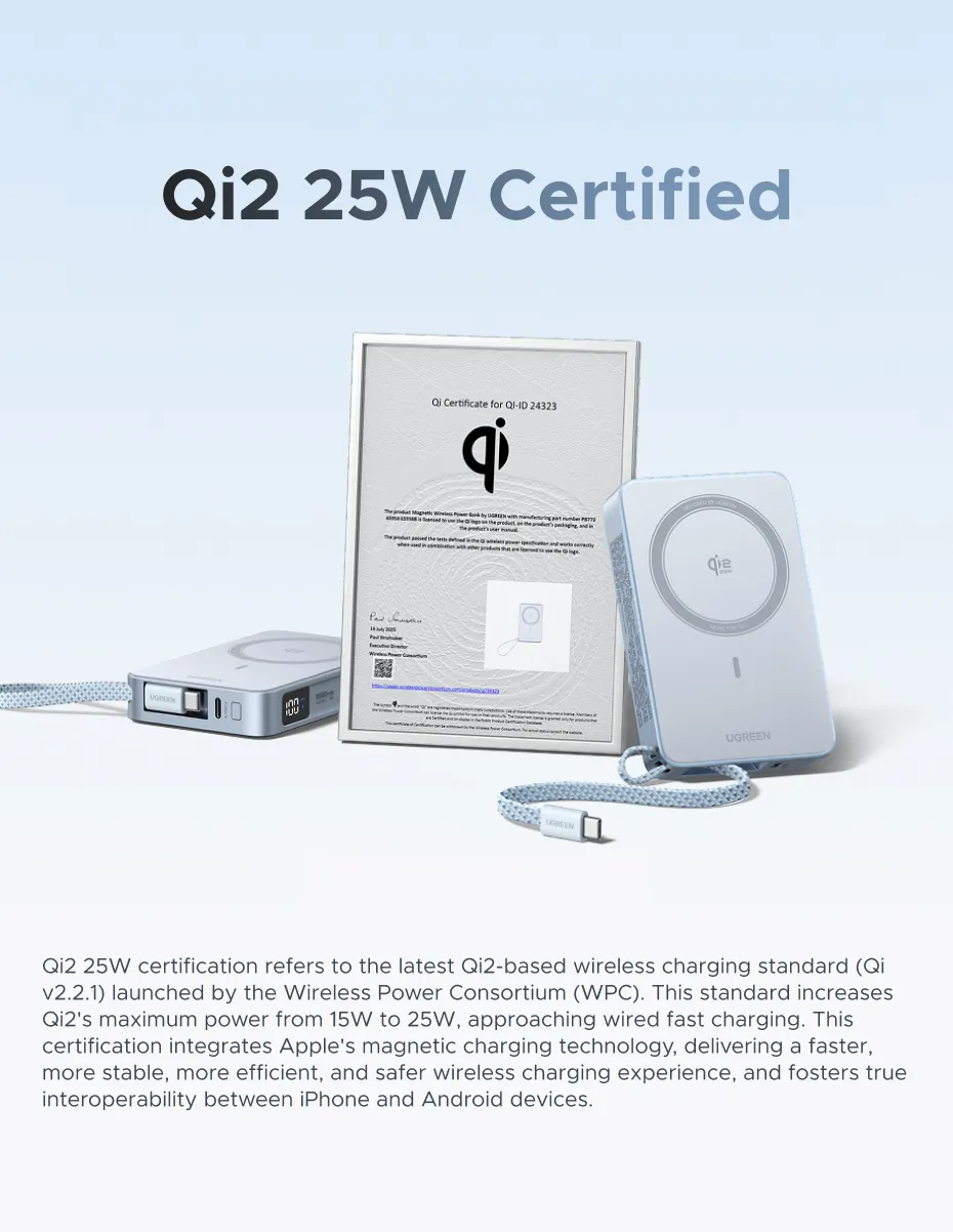 UGREEN 10000mAh Qi2 25W Magsafe Wireless Fast-Charging Power Bank with Built-in Type-C Cable – Compatible with iPhone 17 Series and iPhone 16 Pro Max (Qi2.2 Version)