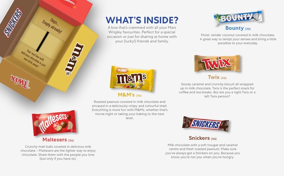 Bulk Mixed Chocolate Gift Box, containing M&M's Peanut Chocolate Candies, Snickers, Twix, Maltesers, Bounty, 1.4 kg。