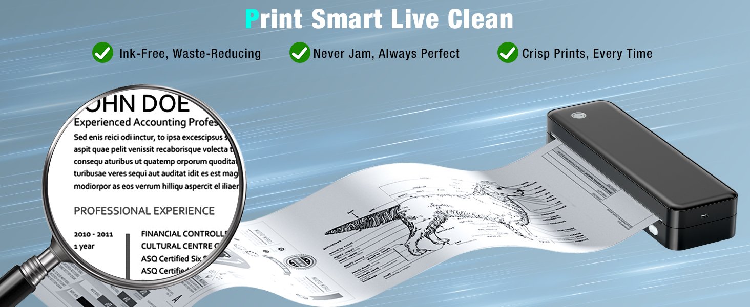Portable Printer Wireless for Travel. Inkless Thermal Printer Supports 8.5 x 11 Inch Thermal Paper. Bluetooth Compatible with iOS. Android. Laptop Includes 2 Rolls & 10 Sheets of Paper Kit