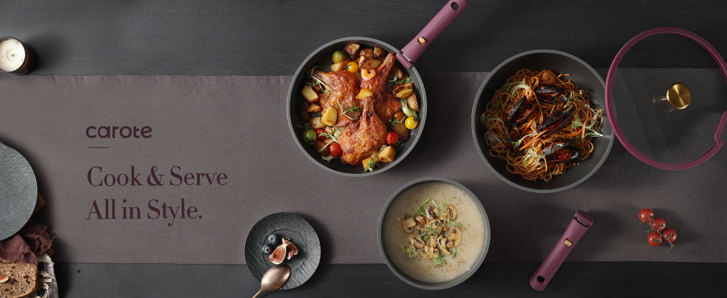 CAROTE 21pcs Pots and Pans Set. Nonstick Cookware Set Detachable Handle. Induction Kitchen Cookware Sets Non Stick with Removable Handle. RV Cookware Set. Gold and Purple