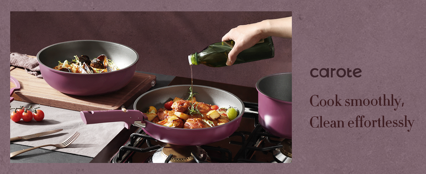 CAROTE 21pcs Pots and Pans Set. Nonstick Cookware Set Detachable Handle. Induction Kitchen Cookware Sets Non Stick with Removable Handle. RV Cookware Set. Gold and Purple