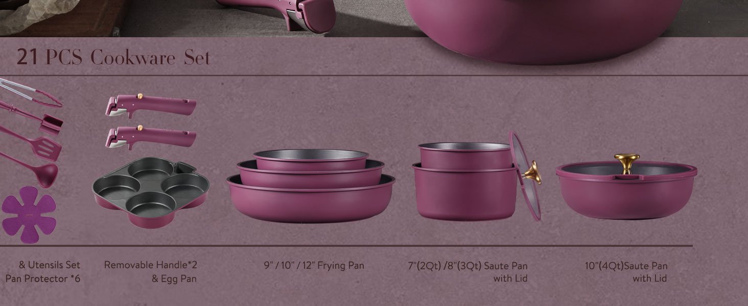 CAROTE 21pcs Pots and Pans Set. Nonstick Cookware Set Detachable Handle. Induction Kitchen Cookware Sets Non Stick with Removable Handle. RV Cookware Set. Gold and Purple