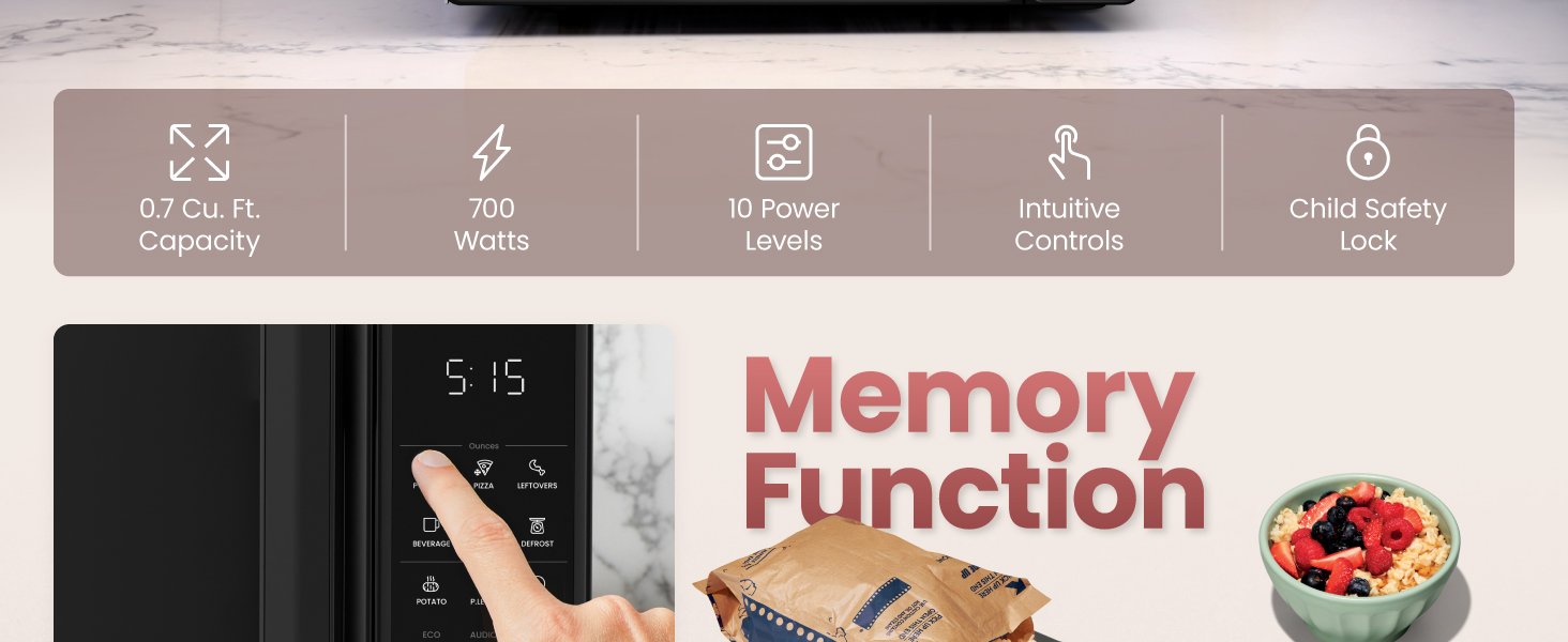 Chefman Countertop Microwave Oven 0.7 Cu. Ft.. 700 Watts with 10 Power Levels. 6 Cooking Presets with One-Touch Express Cook. Eco Mode. Child Safety Lock. & Mute Button - Black