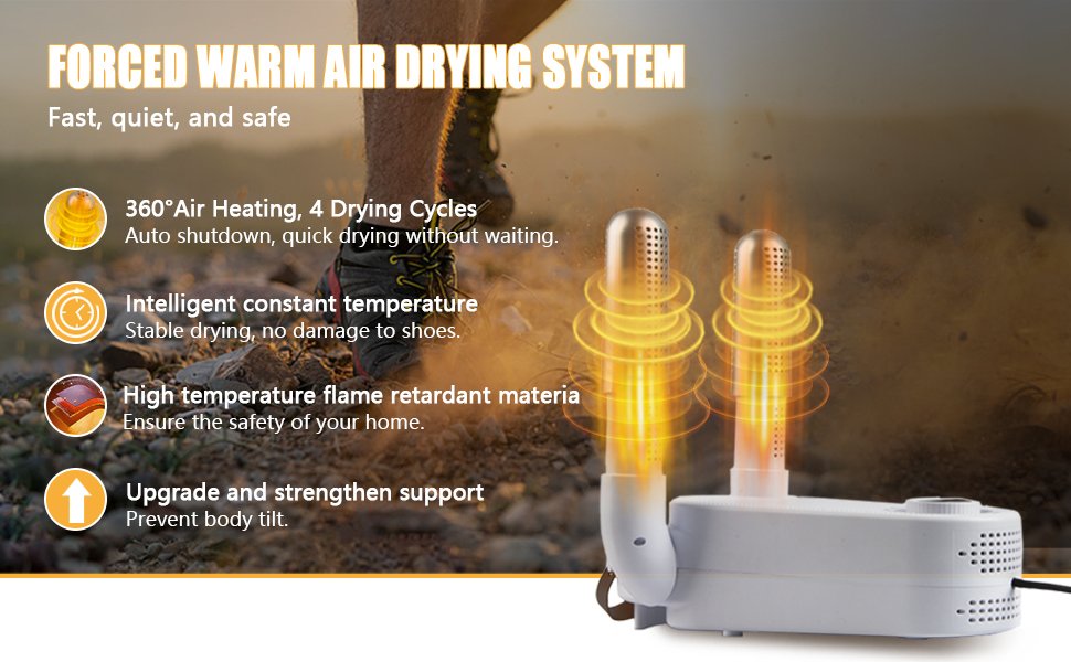 Shoe Dryer Glove Dryer. Dry Wet Shoes with 360°Heat Blower. Intelligent Shoes Dryer with Four Timer. Suitable for Sneaker. Glove. Boots. Ski Boot. Helmet. Folding and hanging Design