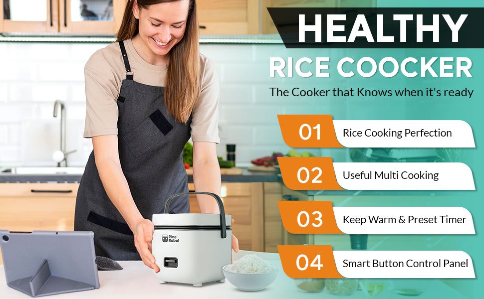 Rice Robot Personal Rice Cooker. PFAS-free. Nonstick. 1 Quart Capacity. with Stainless Steel Steamer Tray. Measuring Cups. Recipe Book with 60 Recipes. and Serving Spoon. As Seen On TV