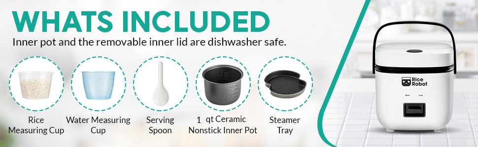 Rice Robot Personal Rice Cooker. PFAS-free. Nonstick. 1 Quart Capacity. with Stainless Steel Steamer Tray. Measuring Cups. Recipe Book with 60 Recipes. and Serving Spoon. As Seen On TV