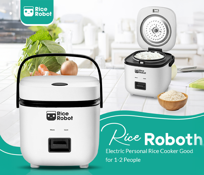 Rice Robot Personal Rice Cooker. PFAS-free. Nonstick. 1 Quart Capacity. with Stainless Steel Steamer Tray. Measuring Cups. Recipe Book with 60 Recipes. and Serving Spoon. As Seen On TV